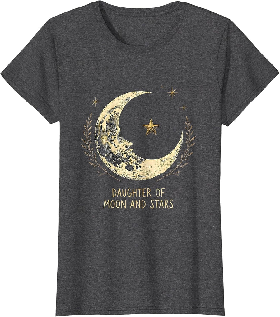 Women's Daughter of Moon and Stars Boho Celestial Mystic Astrology T-Shirt - Dark Heather Grey