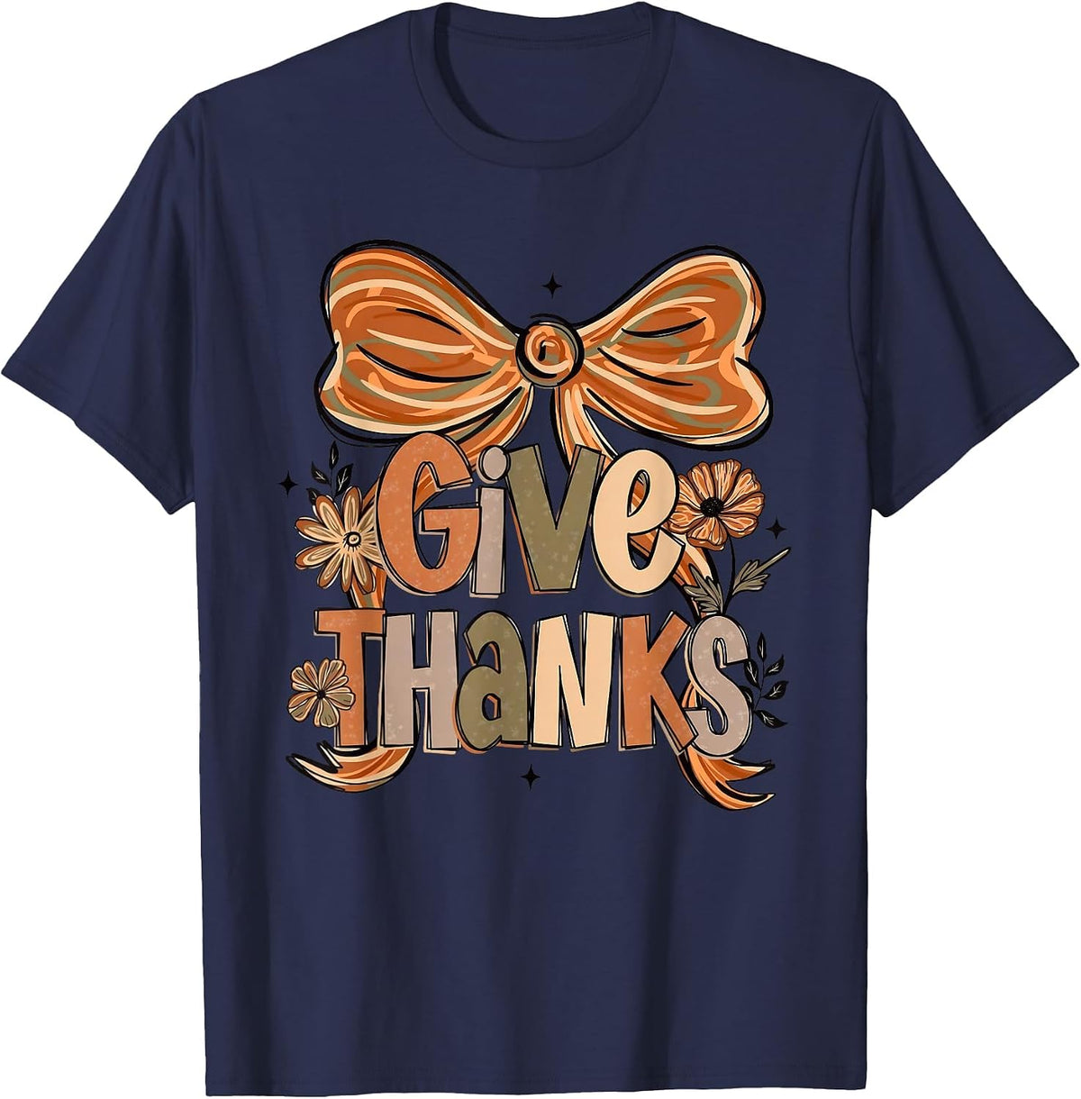 Give Thanks Floral Preppy Fall Thanksgiving Bow Coquette T-Shirt - Navy Blue