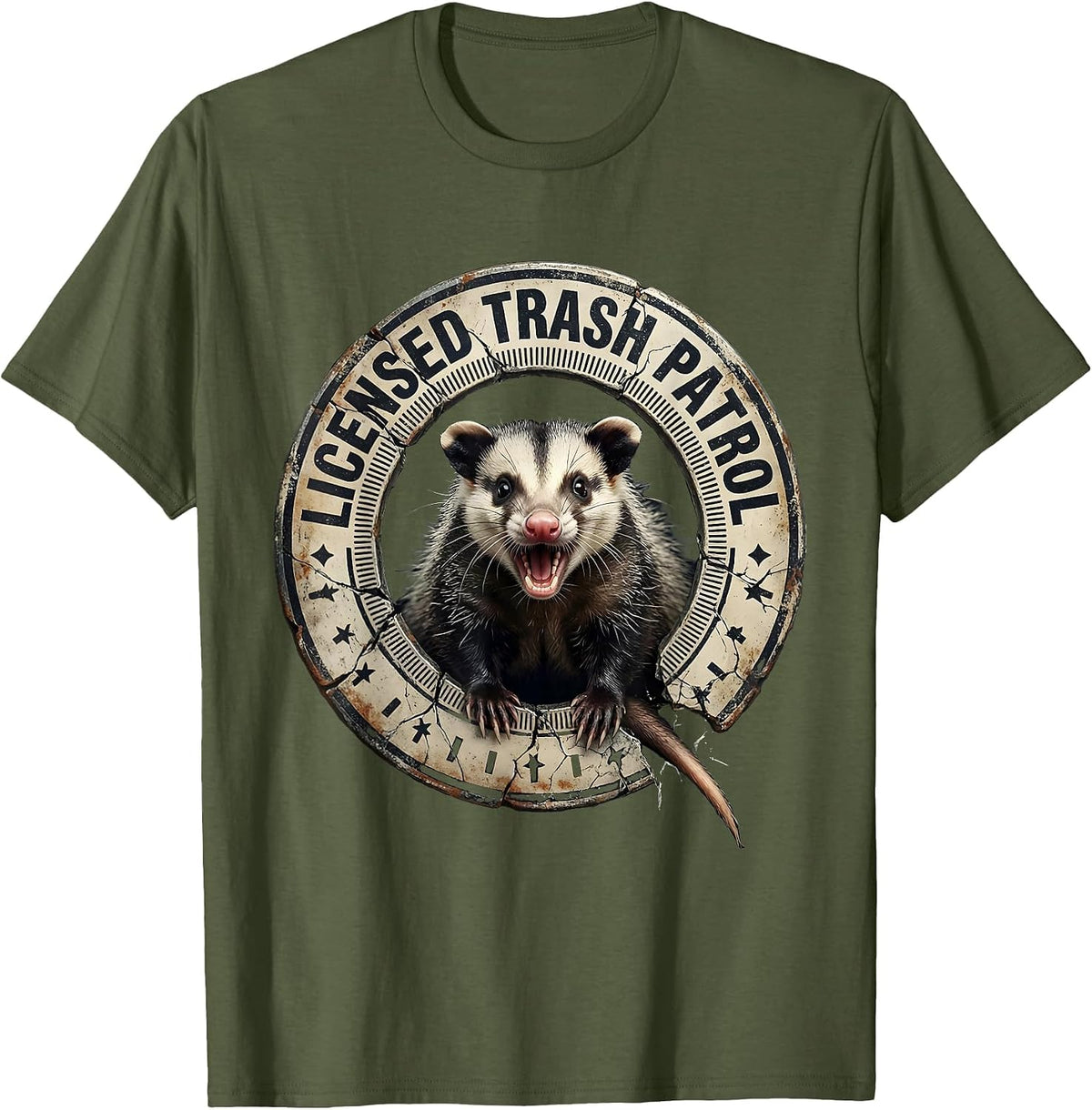 Licensed Trash Patrol Distressed Funny Opossum Meme T-Shirt - Olive Green