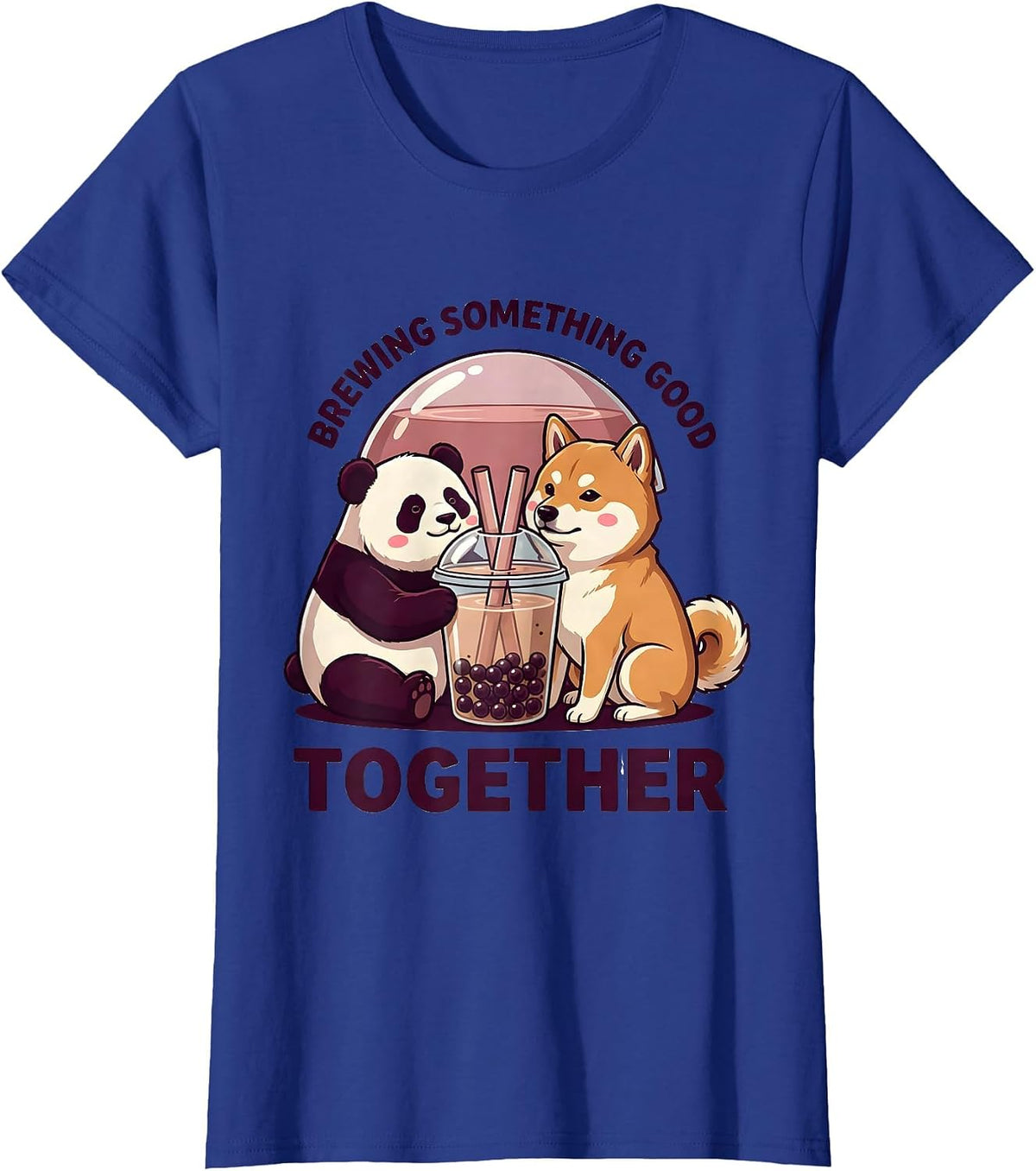 Women's Brewing Something Good Together Cute Panda Kawaii Boba Tea T-Shirt - Royal Blue