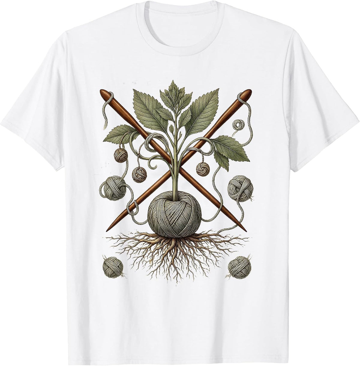 Men's Grandma Knitting Tangled Yarn Illustration T-Shirt - White