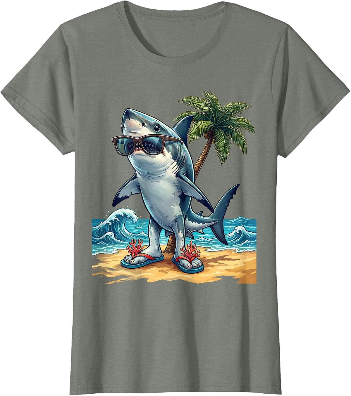 Shark In Flip Flops Funny Beach Graphic Tee T-Shirt - Olive Heather