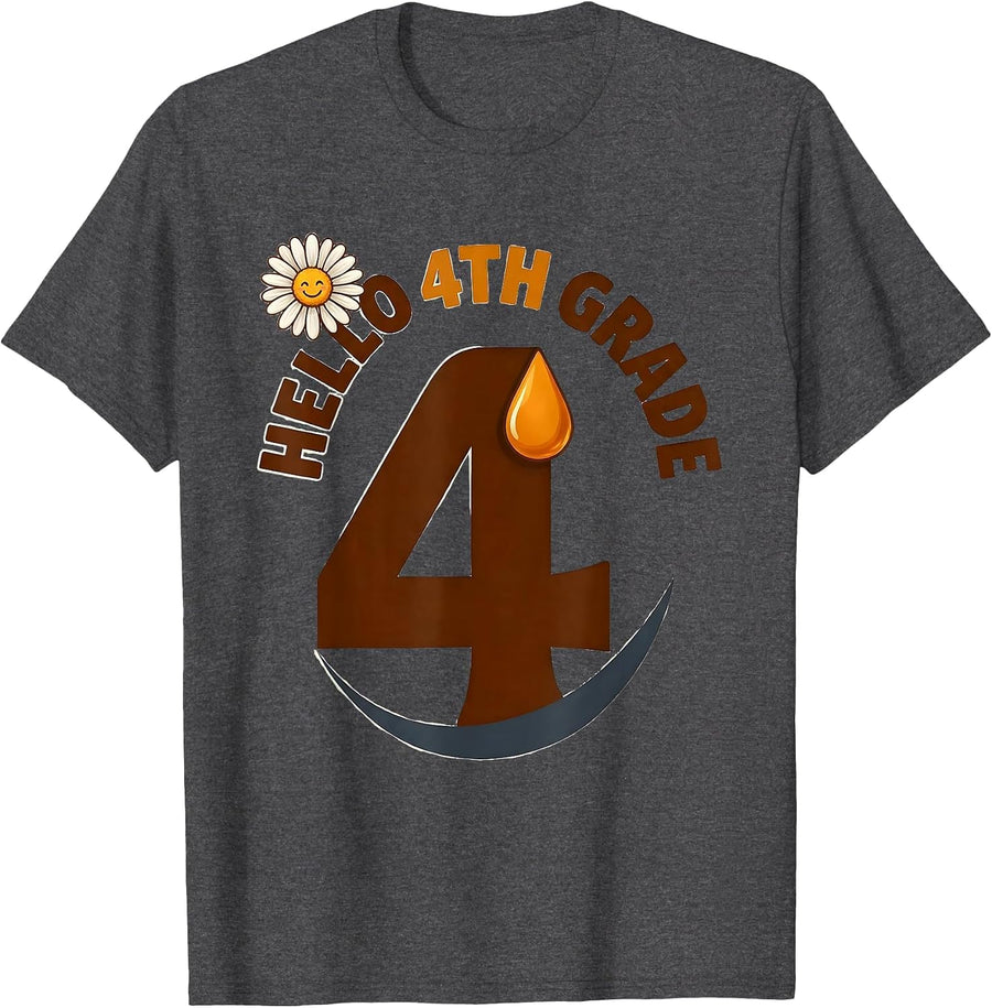 Hello 4th Grade Groovy Back To School First Day Of Fourth T-Shirt - Dark Heather Grey