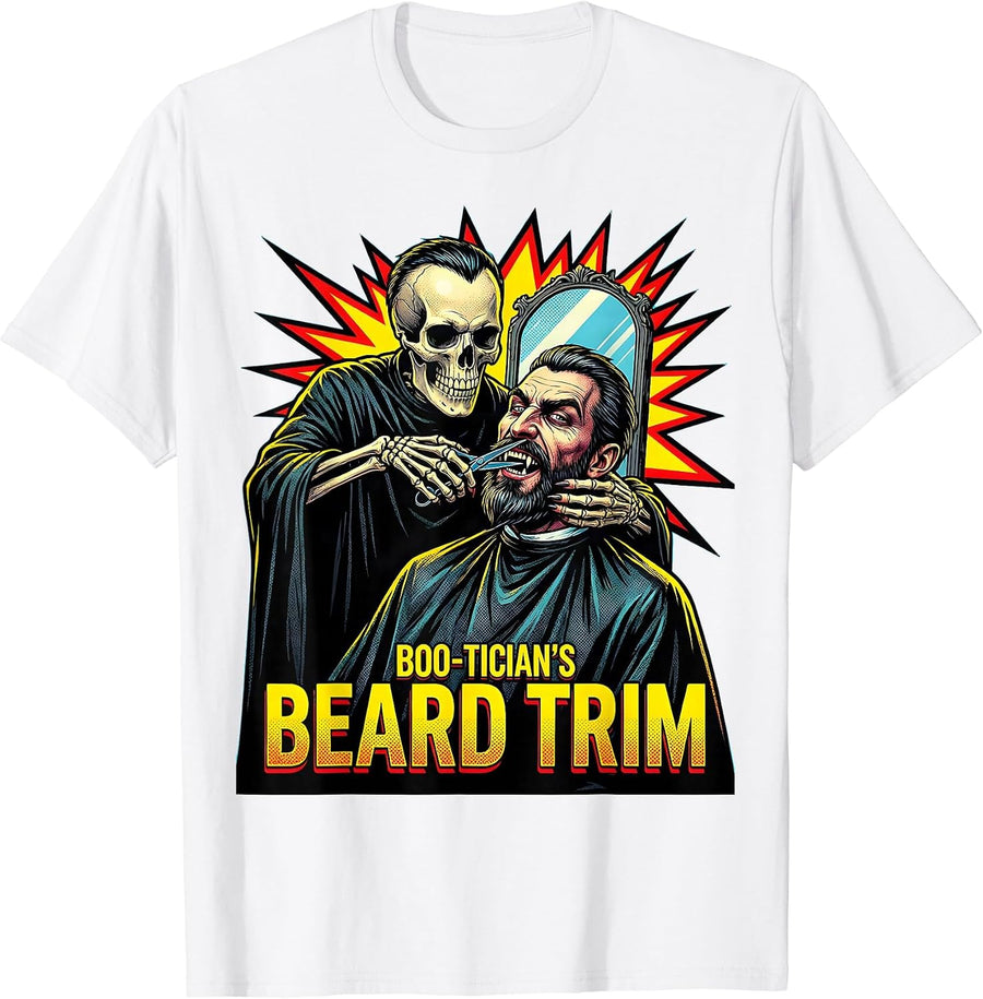 Men's Boo-tician's Beard Trim Pop Art Skeleton Hairstylist T-Shirt - White