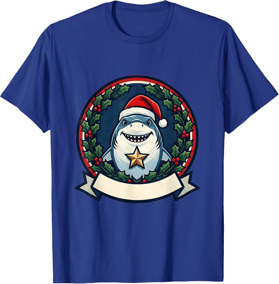 Cheerful Shark Santa Hat Emblem Christmas Humor T-Shirt - Royal Blue