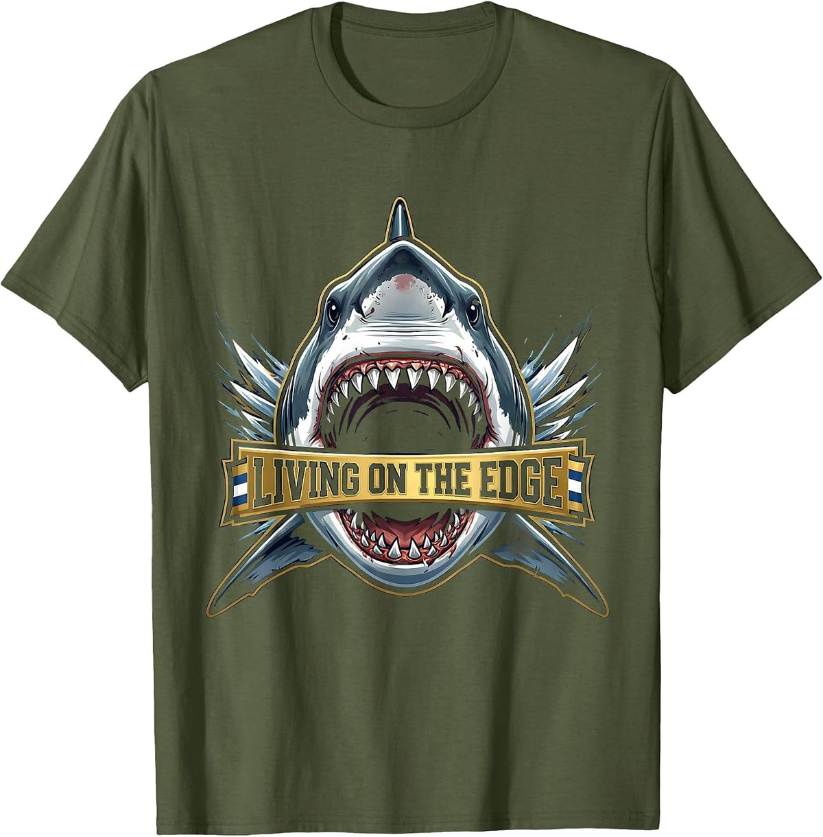 Living on the Edge Bold Shark Graphic Design T-Shirt - Olive Green