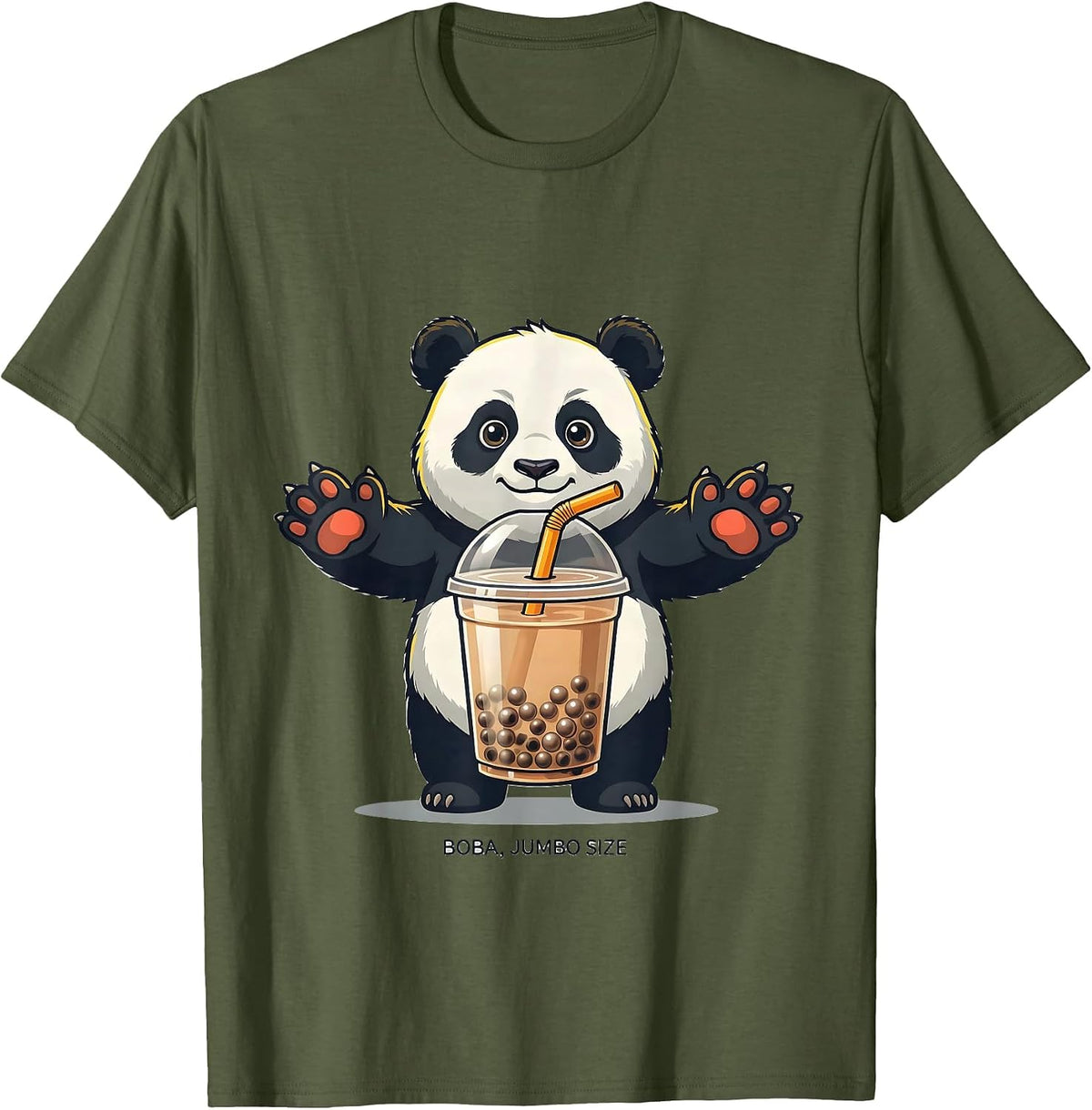 Boba, Jumbo Size Cute Kawaii Panda Bubble Tea Lover T-Shirt - Olive Green