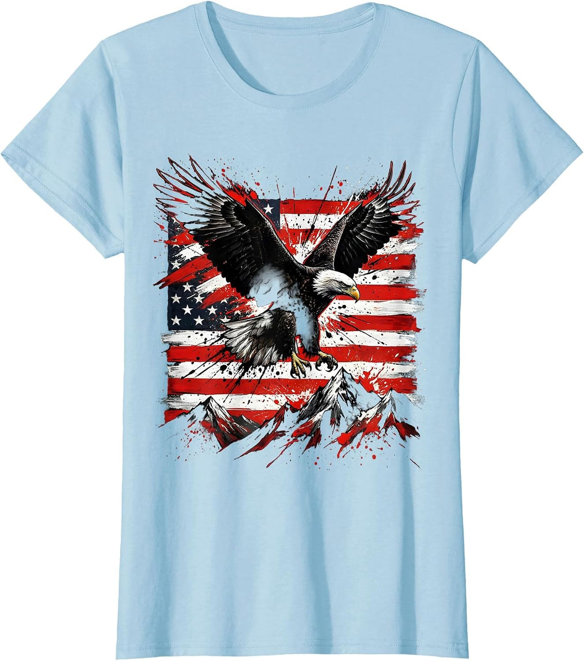 Women's Bald Eagle Over Mountain Peaks USA Freedom T-Shirt - Baby Blue