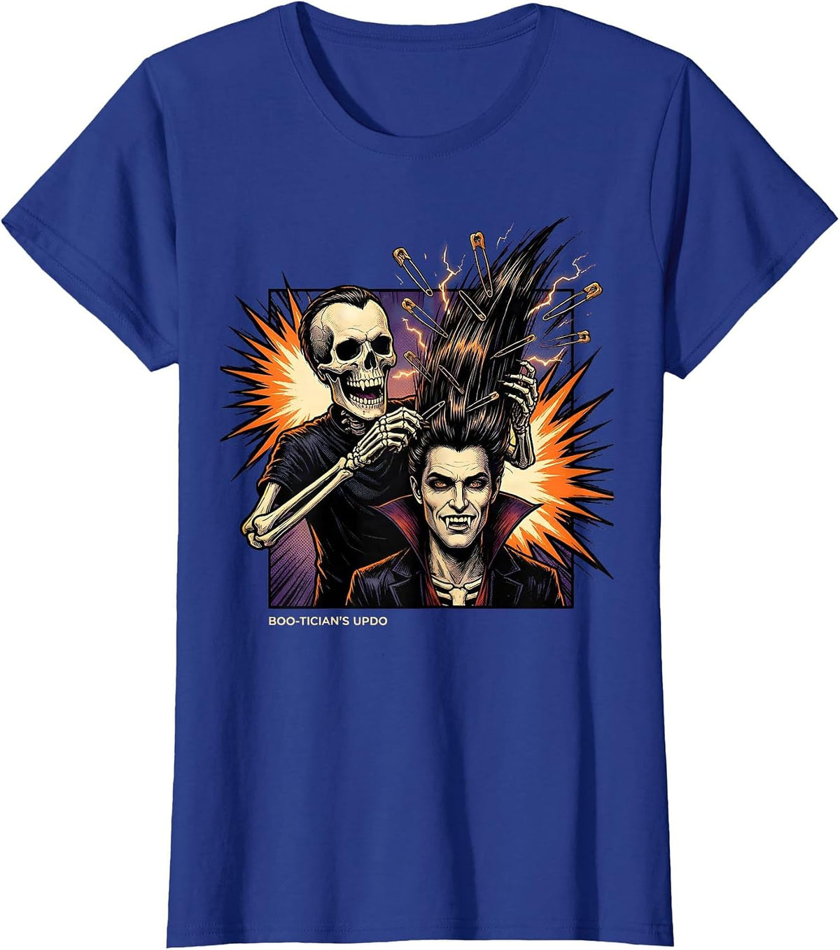 Women's Boo-Tician's Updo Comic Book Skeleton Hairstylist Halloween T-Shirt - Royal Blue