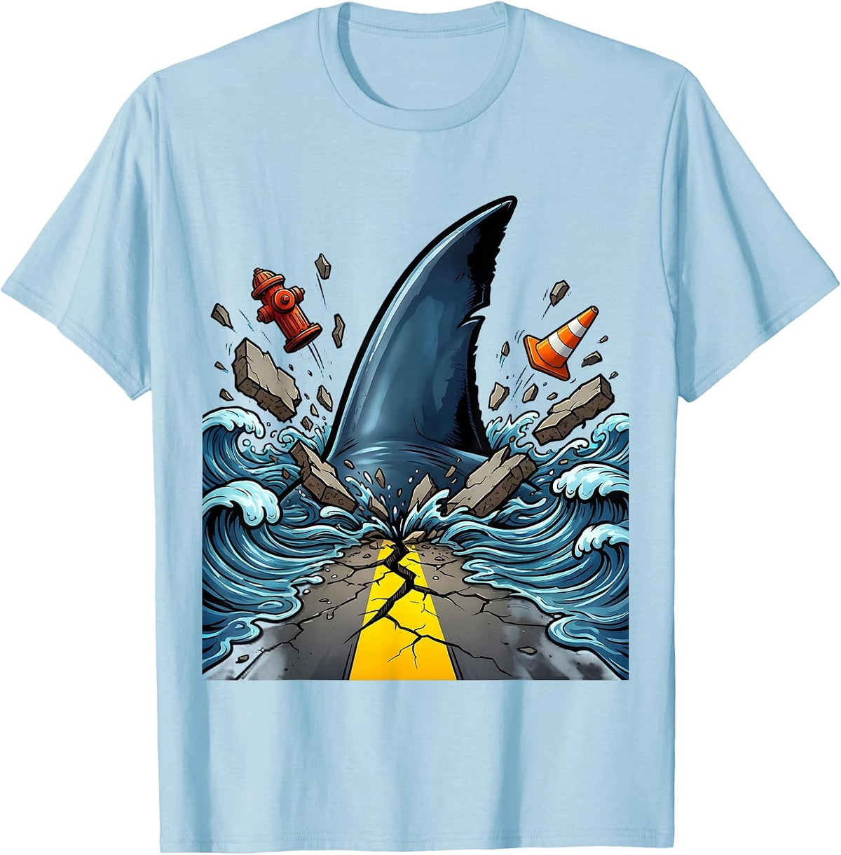 Men's Shark Fin City Street Weird Graphic Tee T-Shirt - Baby Blue