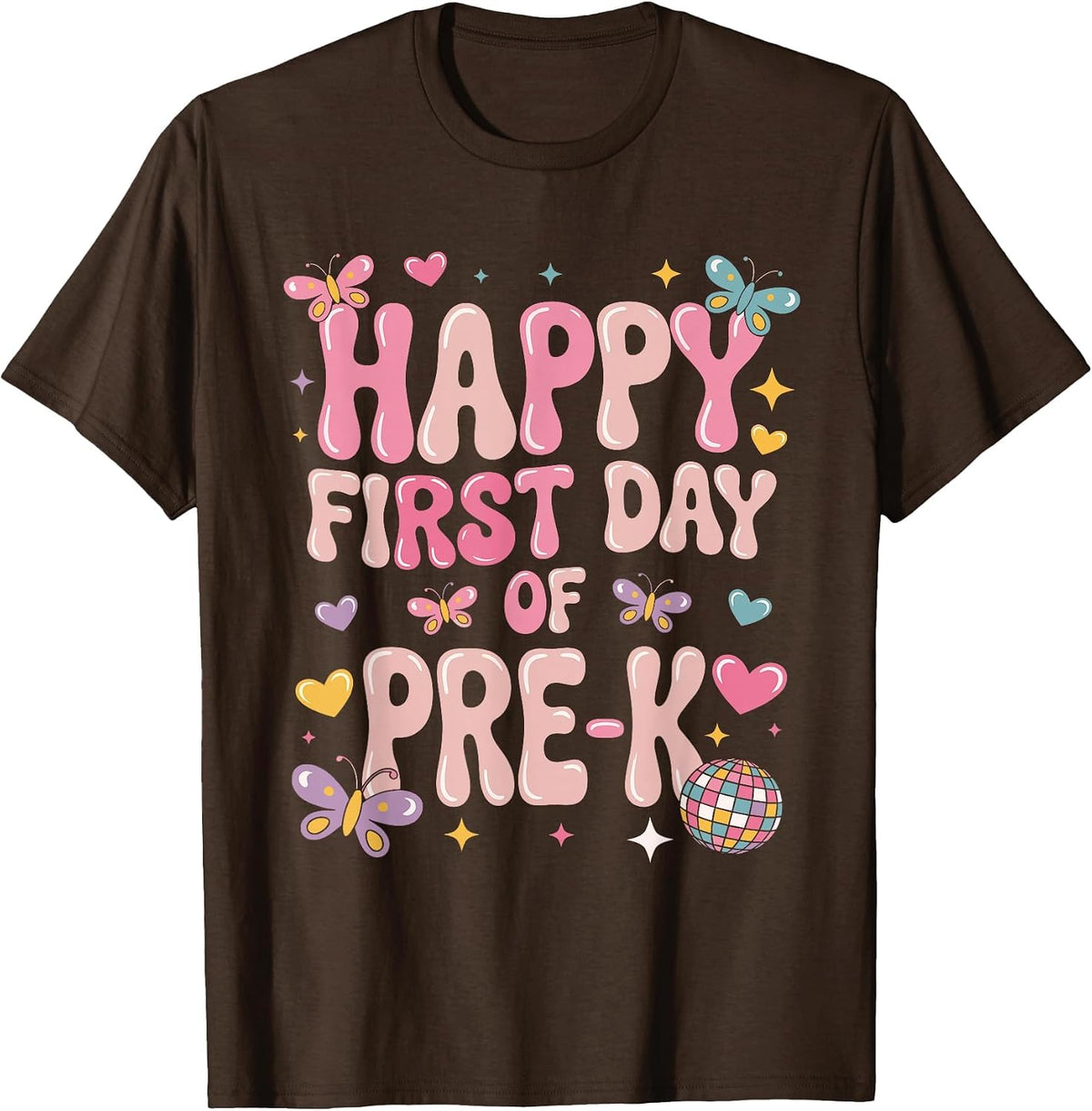Happy First Day of Pre-K Girls Groovy Disco Back to School T-Shirt - Brown