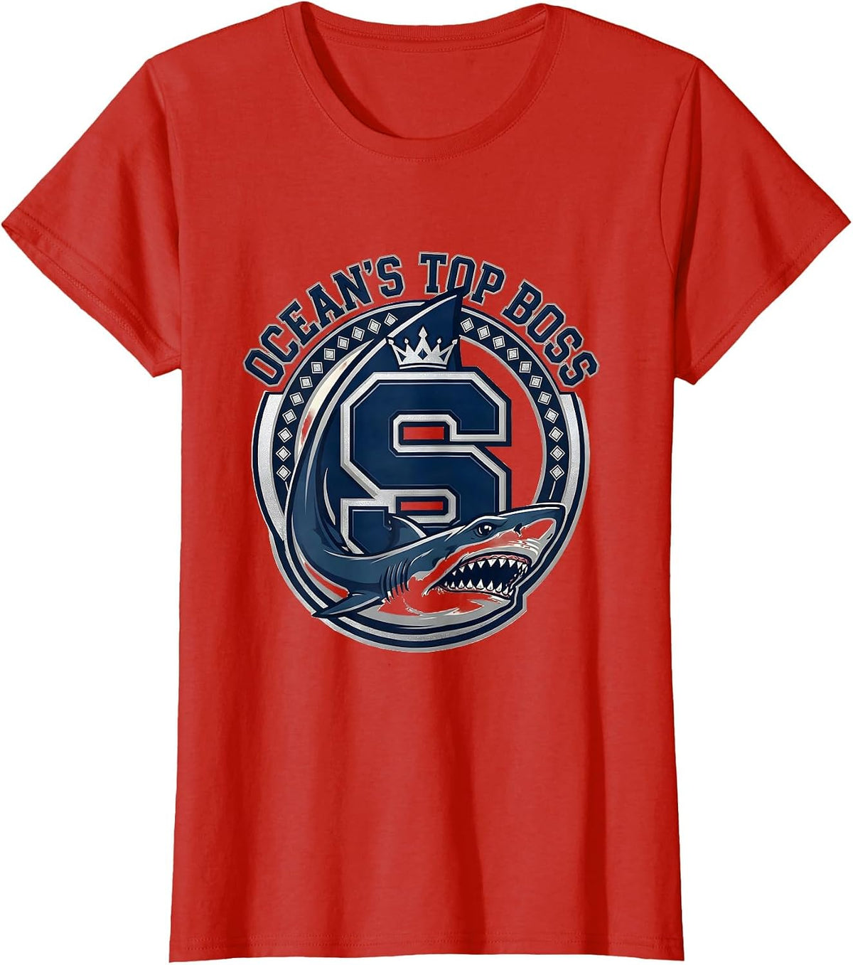 Ocean's Top Boss Shark Graphic Design T-Shirt - Red