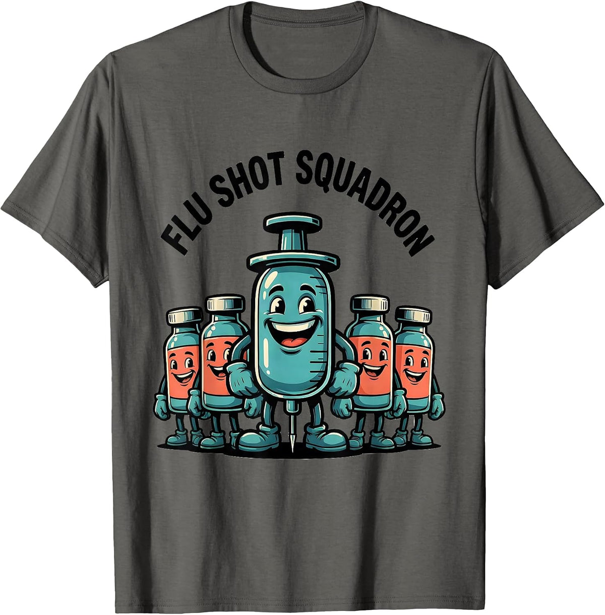 Flu Shot Squadron Cartoon Nurse Doctor Vaccine Humor T-Shirt - Asphalt Grey