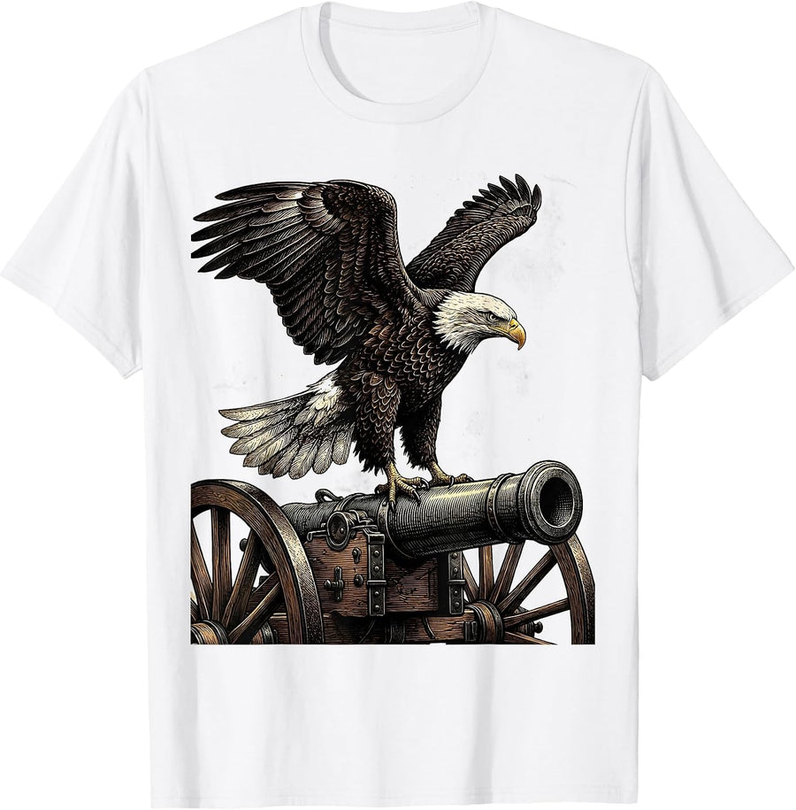 Men's American Flag Eagle on Revolutionary War Cannon T-Shirt - White