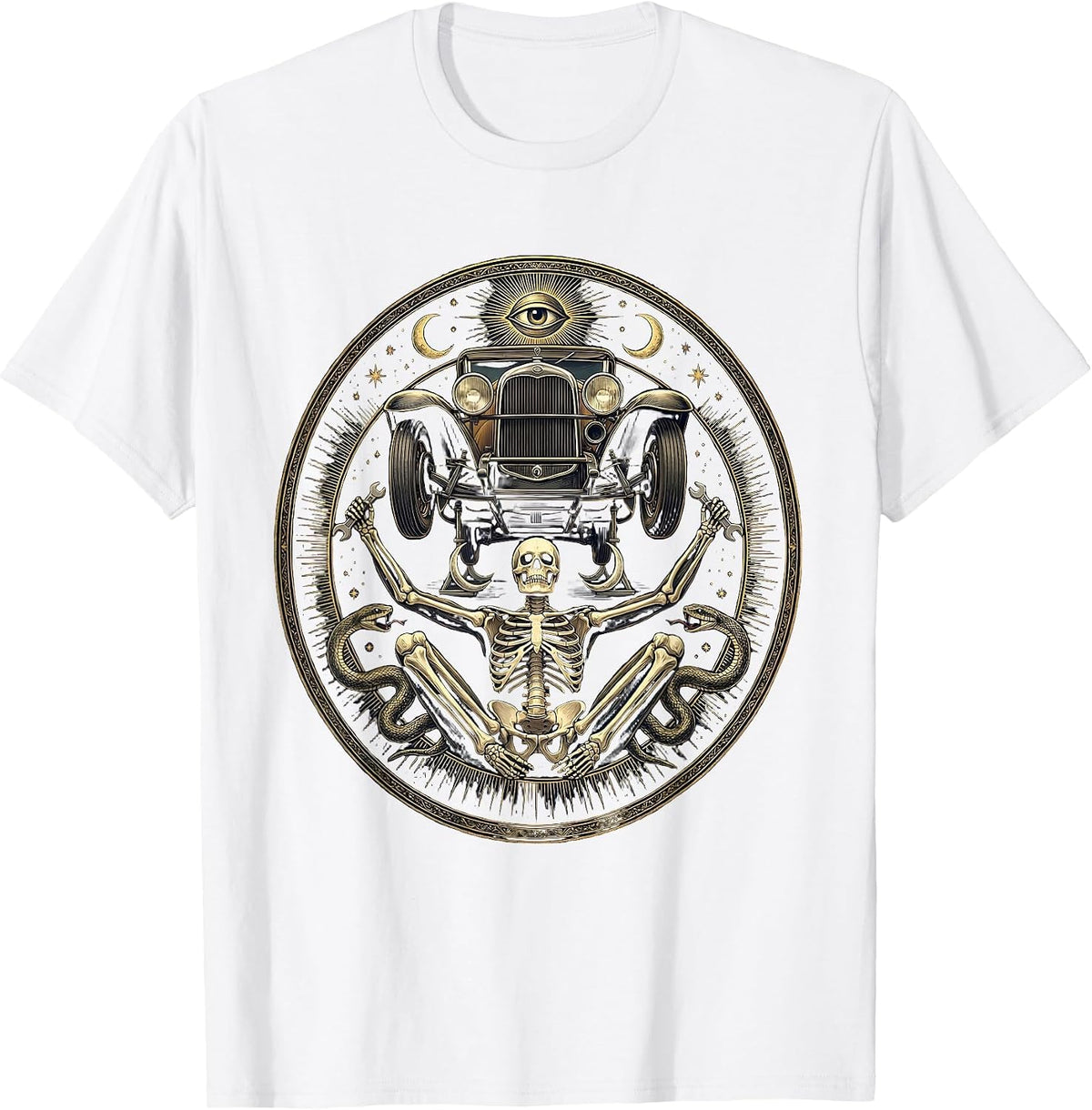 Men's Skeleton Mechanic Under Car Graphic Design T-Shirt - White