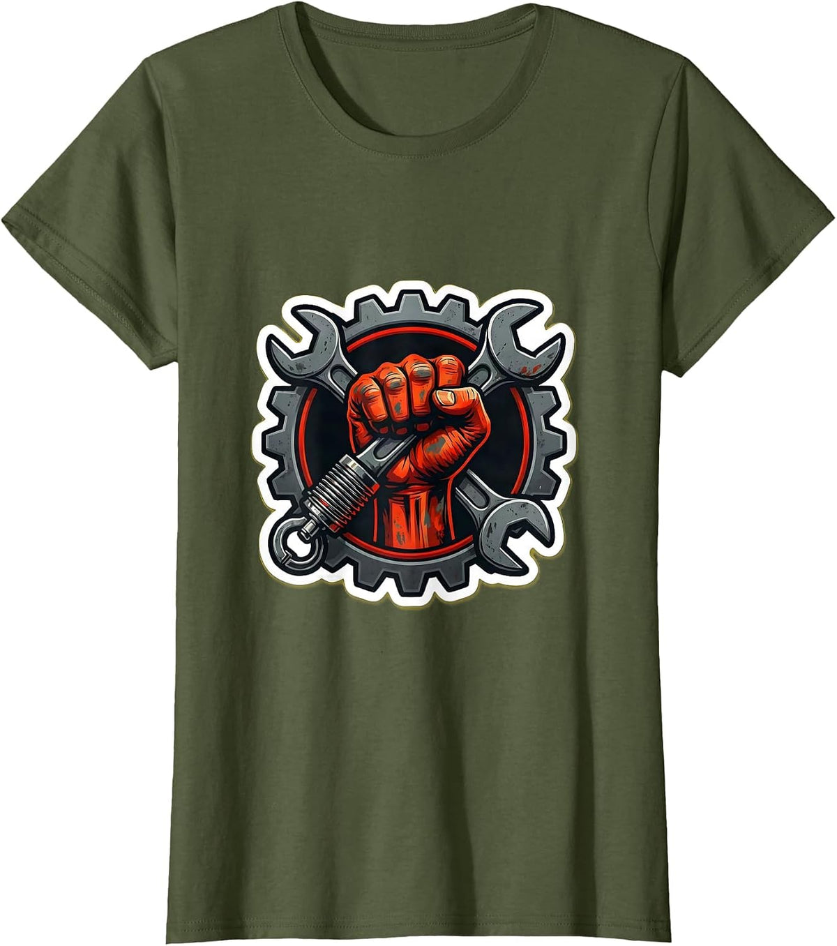 Women's Mechanic Wrench and Spark Plug Graphic Tee T-Shirt - Olive Green