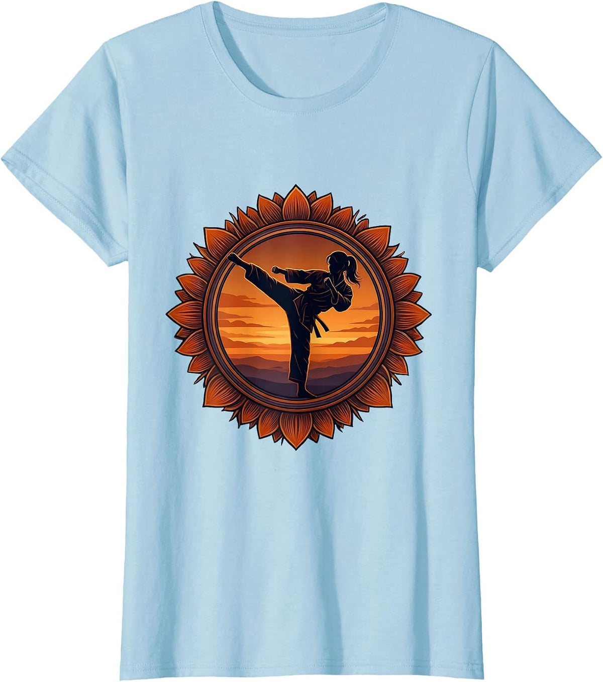 Karate Kick Silhouette Dusk Martial Arts Design T-Shirt - Baby Blue