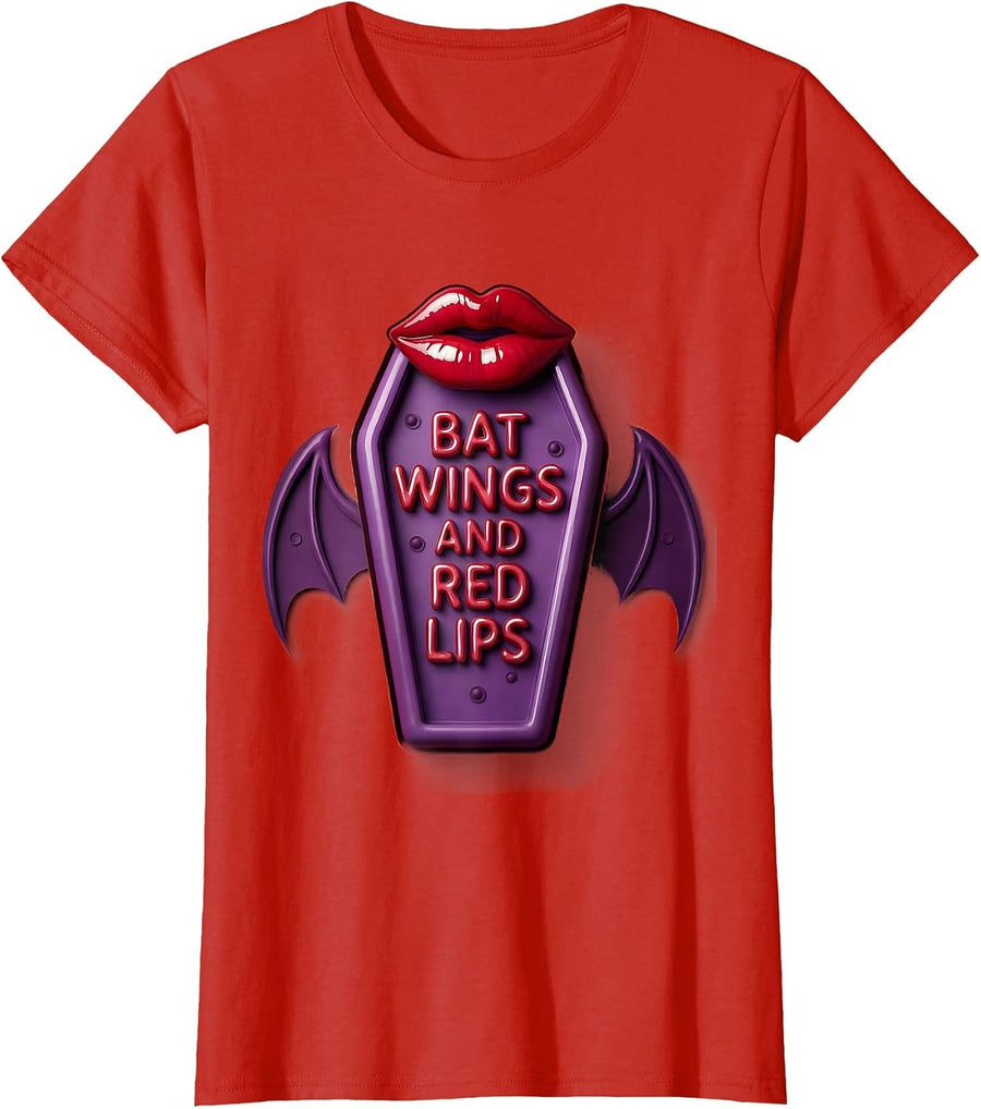 Women's Bat Wings and Red Lips Goth Aesthetic Design T-Shirt - Red