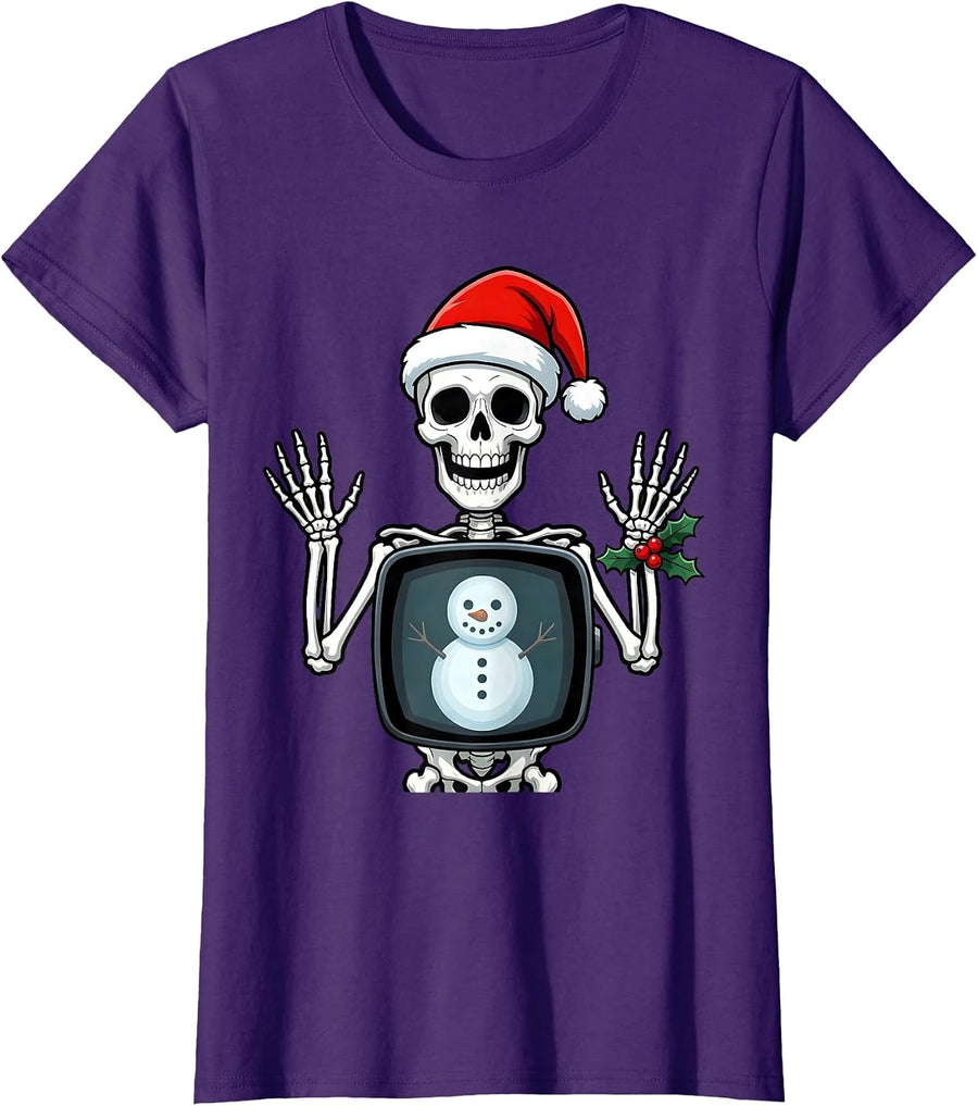 Women's Grinning Skeleton Santa Hat Radiology Tech Christmas Pun T-Shirt - Purple