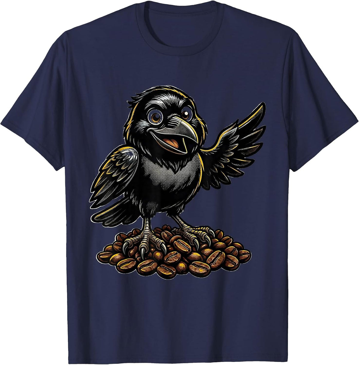 Men's Raven Clutching Coffee Beans Illustration T-Shirt - Navy Blue
