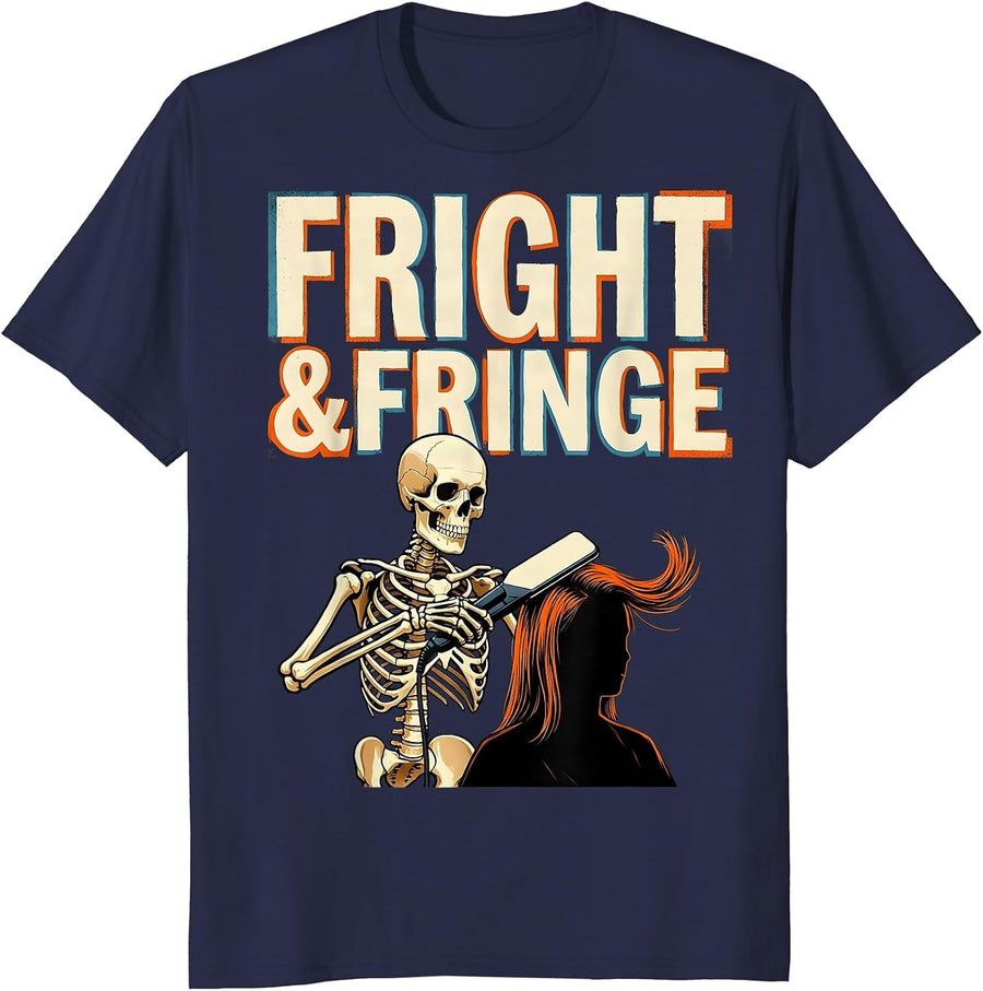Fright & Fringe Halloween Skeleton Hairstylist Barber Humor T-Shirt - Navy Blue