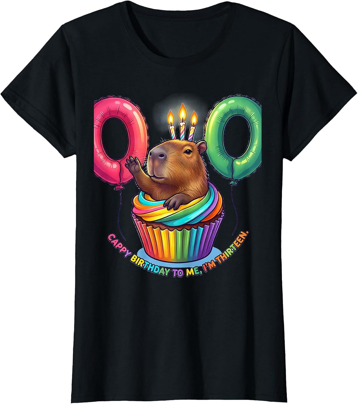 Cappy Birthday To Me I'm Thirteen Cute Capybara Kawaii T-Shirt - Black