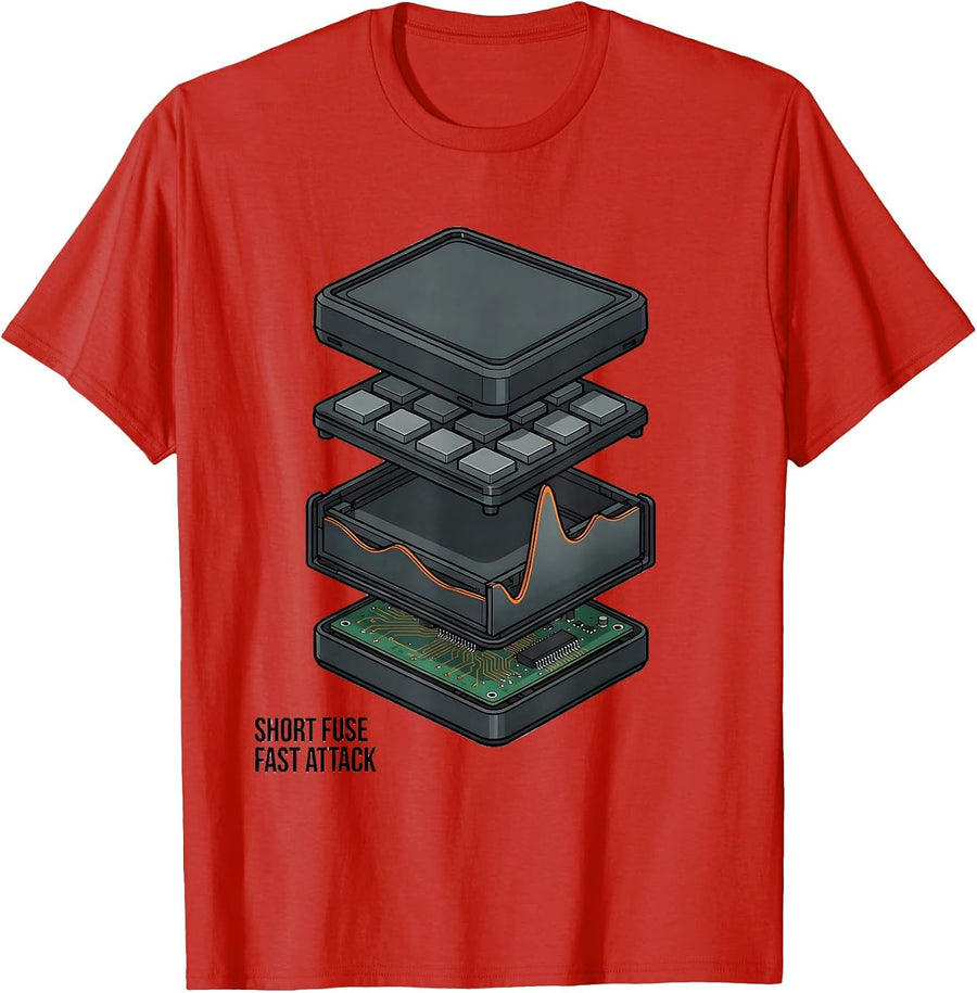 Men's Short Fuse, Fast Attack Exploded View Technical DJ Gift T-Shirt - Red
