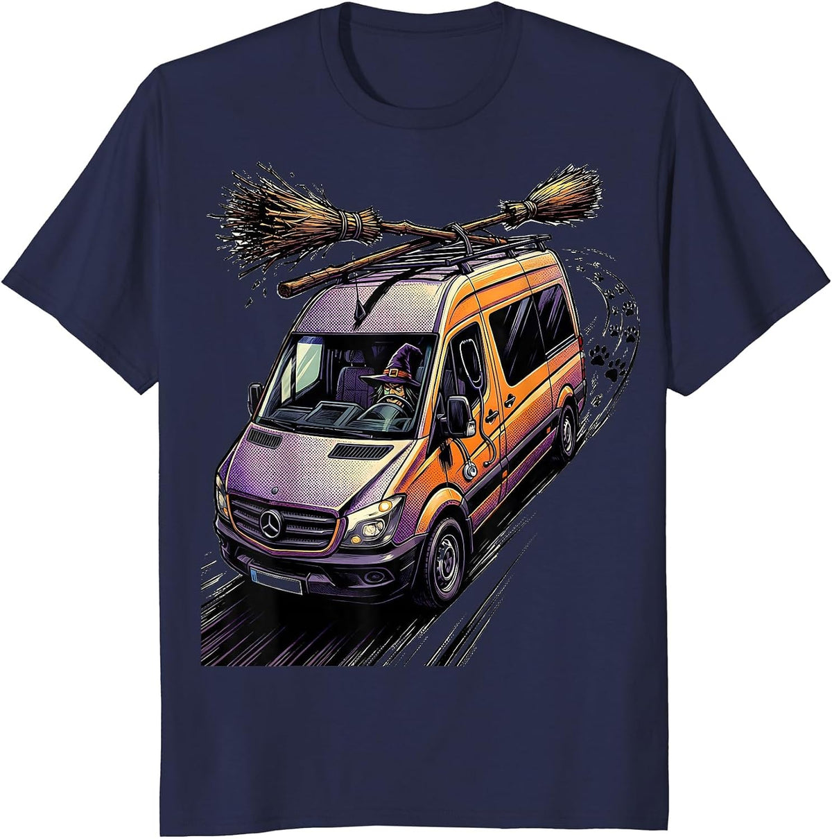 Men's Vet Mobile Clinic Witch Hat Halloween Occupation Humor T-Shirt - Navy Blue
