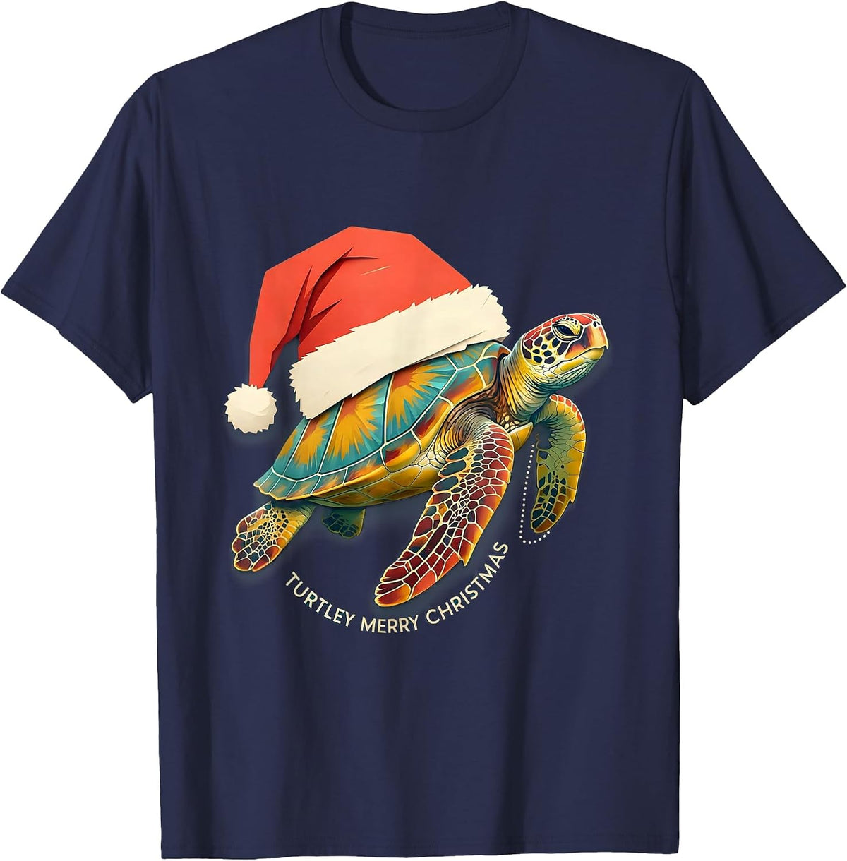 Men's Turtley Merry Christmas Cute Sea Turtle Santa Hat Holiday T-Shirt - Navy Blue