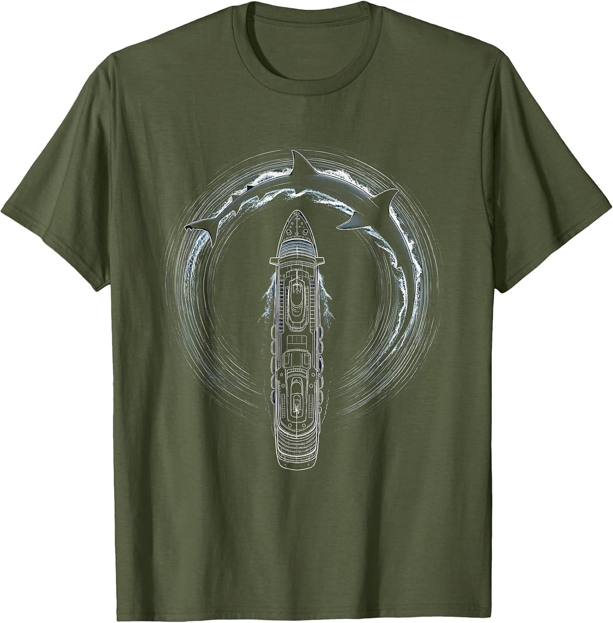 Men's Shark Fin Circling Cruise Ship Aerial View T-Shirt - Olive Green