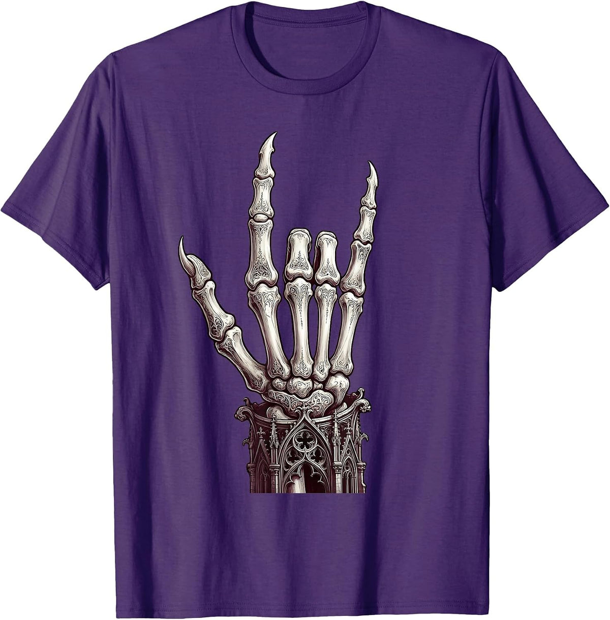 Skeletal Devil Horns Punk Rock Hand Sign T-Shirt - Purple