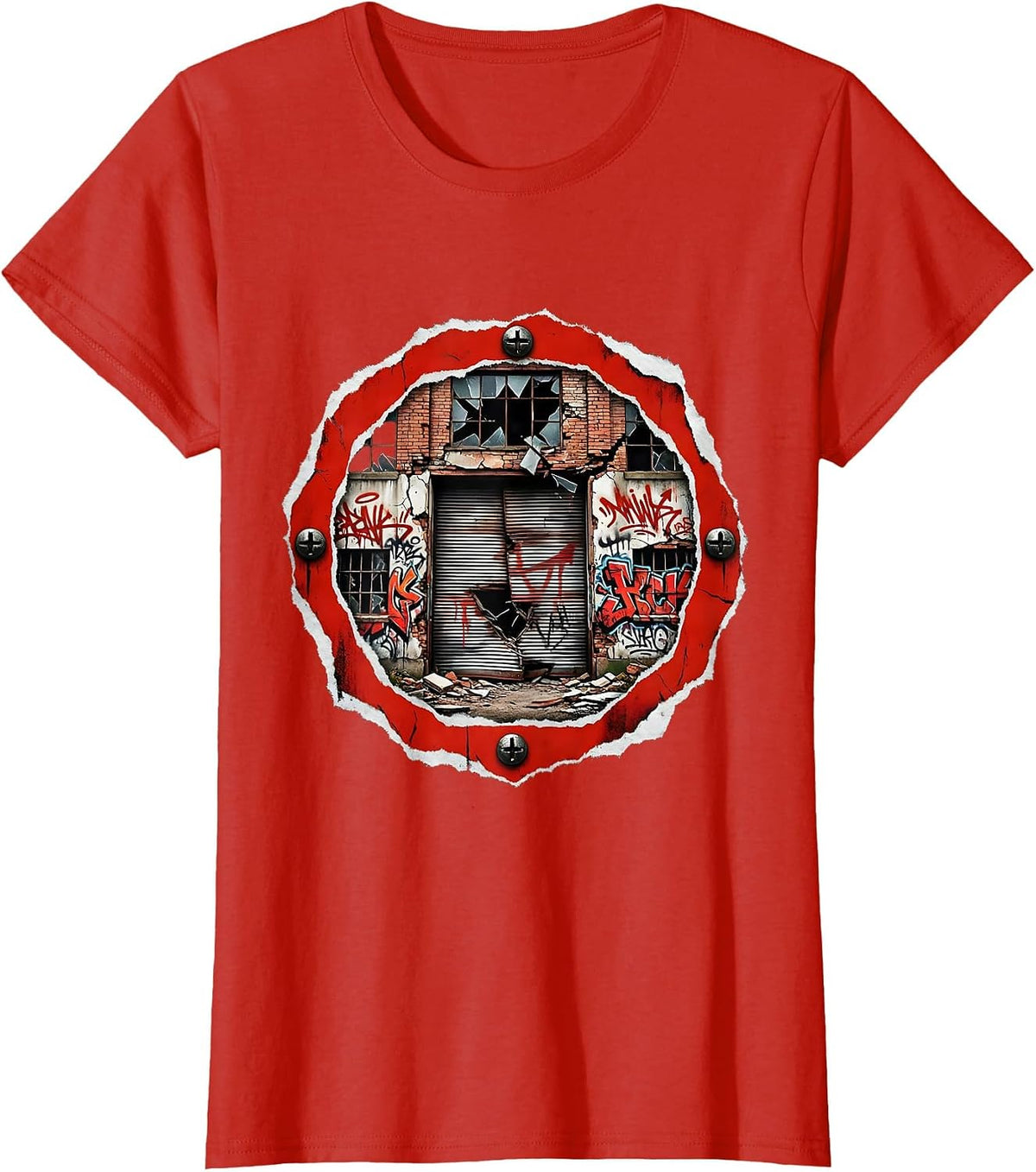 Women's Grunge Graffiti Abandoned Warehouse Night Art T-Shirt - Red