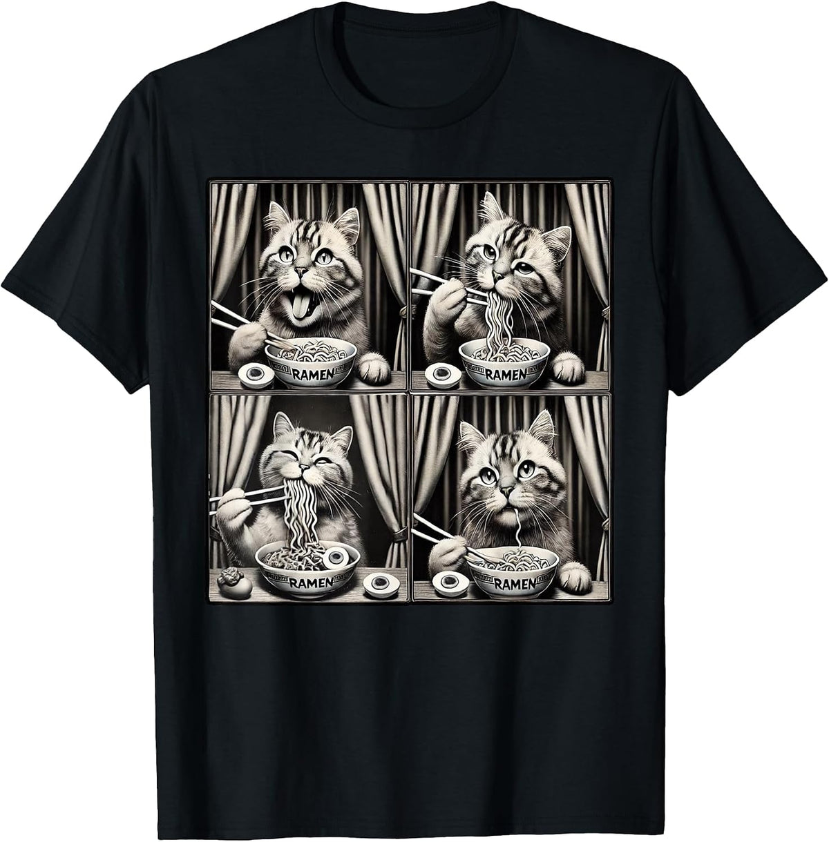 Retro Aesthetic Cat Eating Ramen Funny Photobooth Cat Ramen T-Shirt, Men, Black, Small - As Pictured