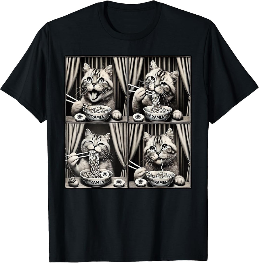 Retro Aesthetic Cat Eating Ramen Funny Photobooth Cat Ramen T-Shirt, Men, Black, Small - As Pictured
