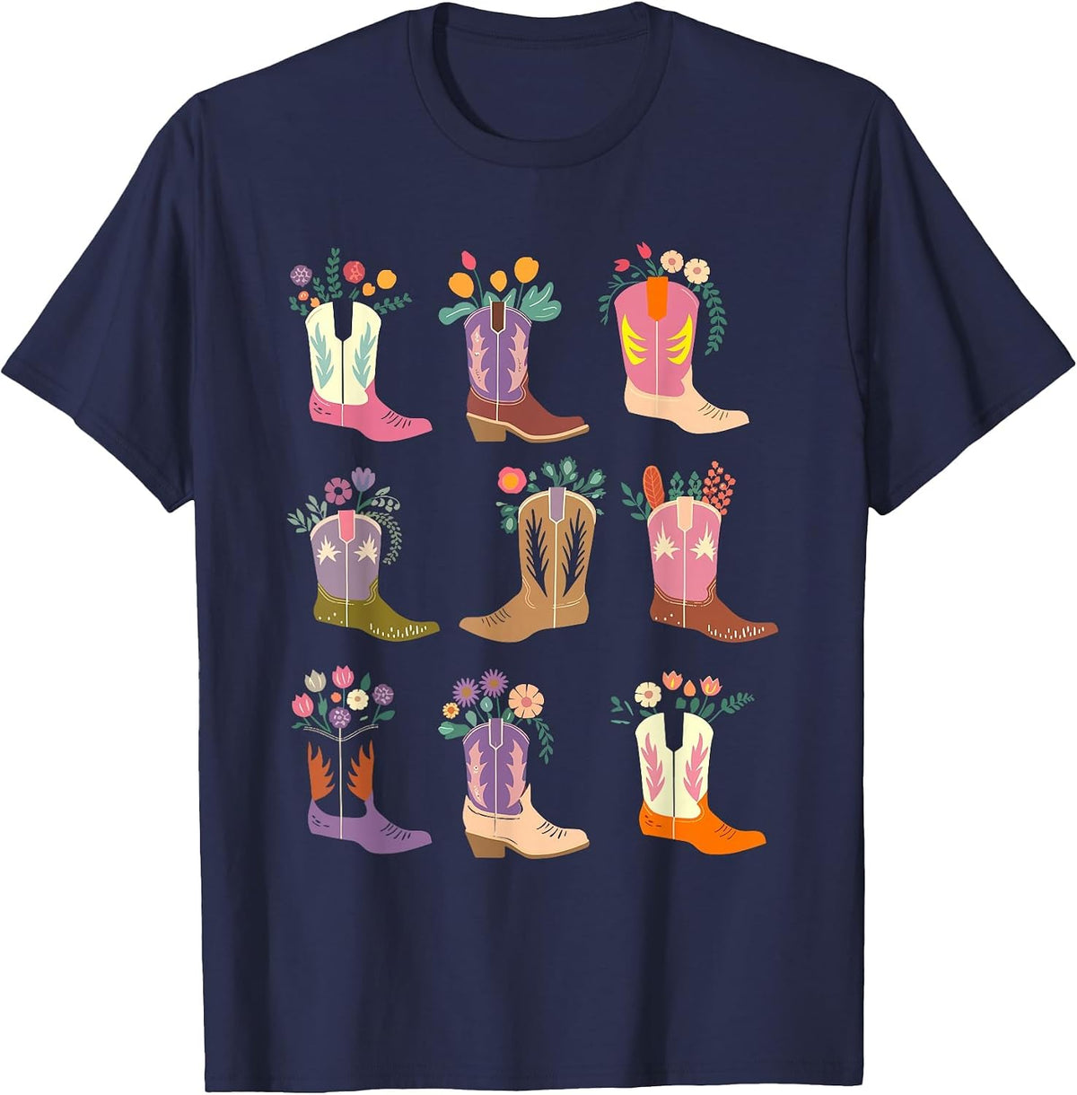 Floral Cowgirl Boots Western Rodeo Country Equestrian T-Shirt - Navy Blue