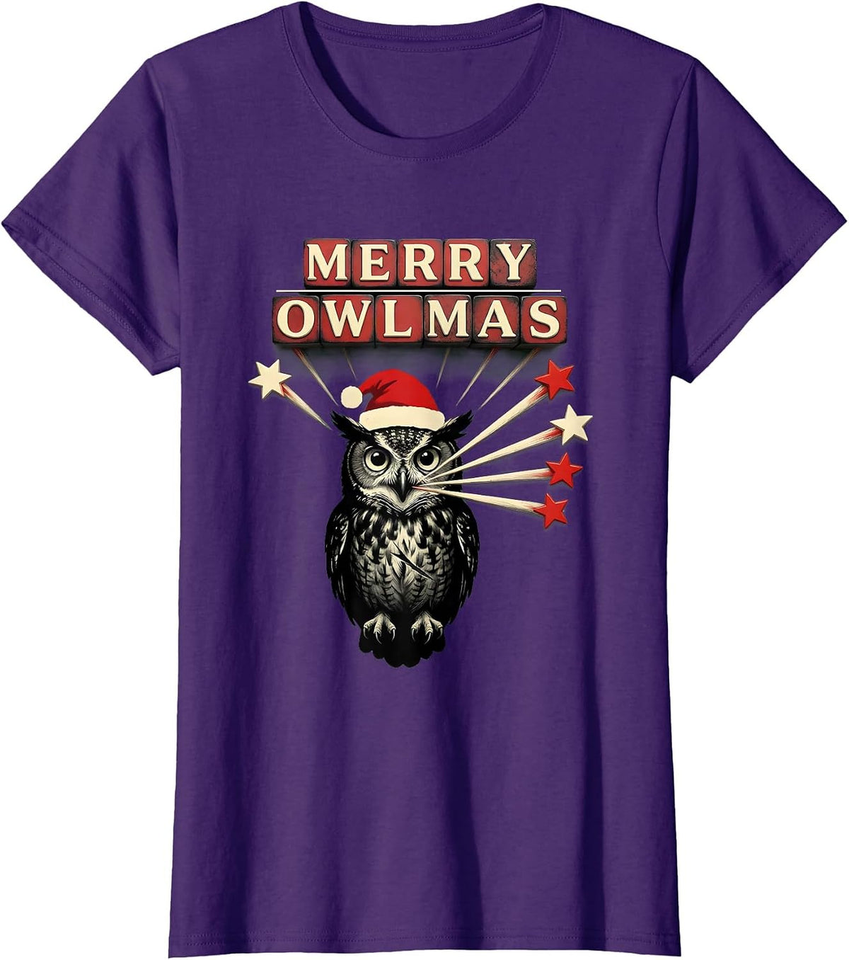 Women's Merry Owlmas! Owl Lover Santa Hat Christmas Lights Novelty T-Shirt - Purple