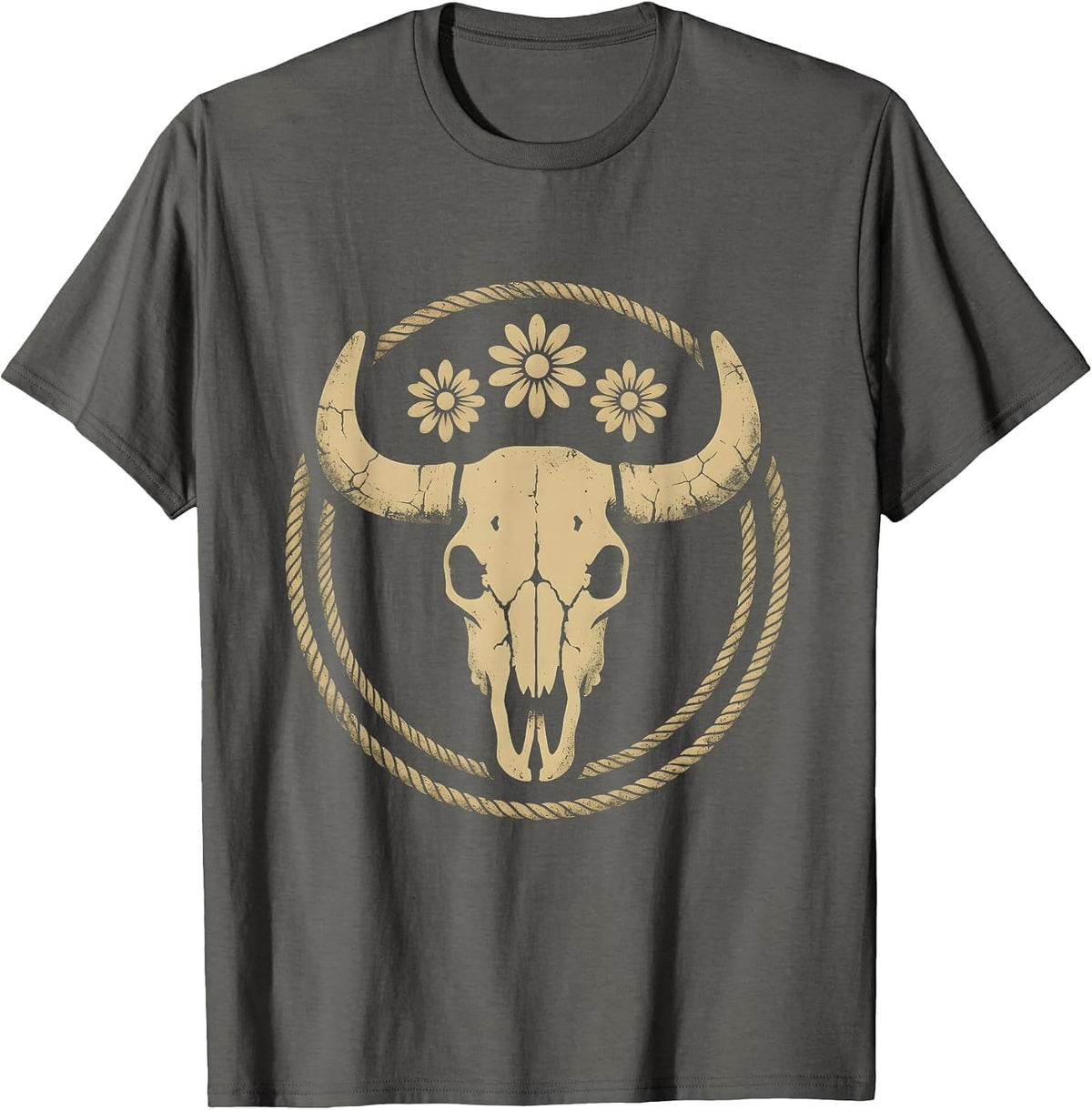 Cowgirl Roping Steer at Full Gallop Western Art T-Shirt - Asphalt Grey