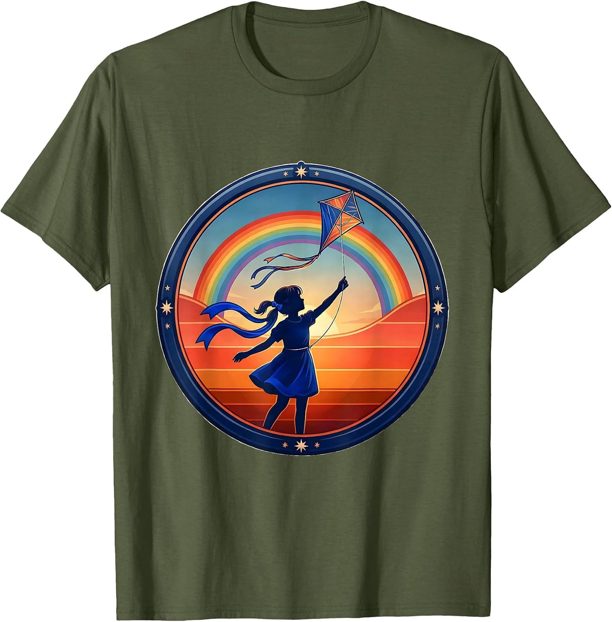 Red White and Blue Kite Flying Girl Graphic T-Shirt - Olive Green