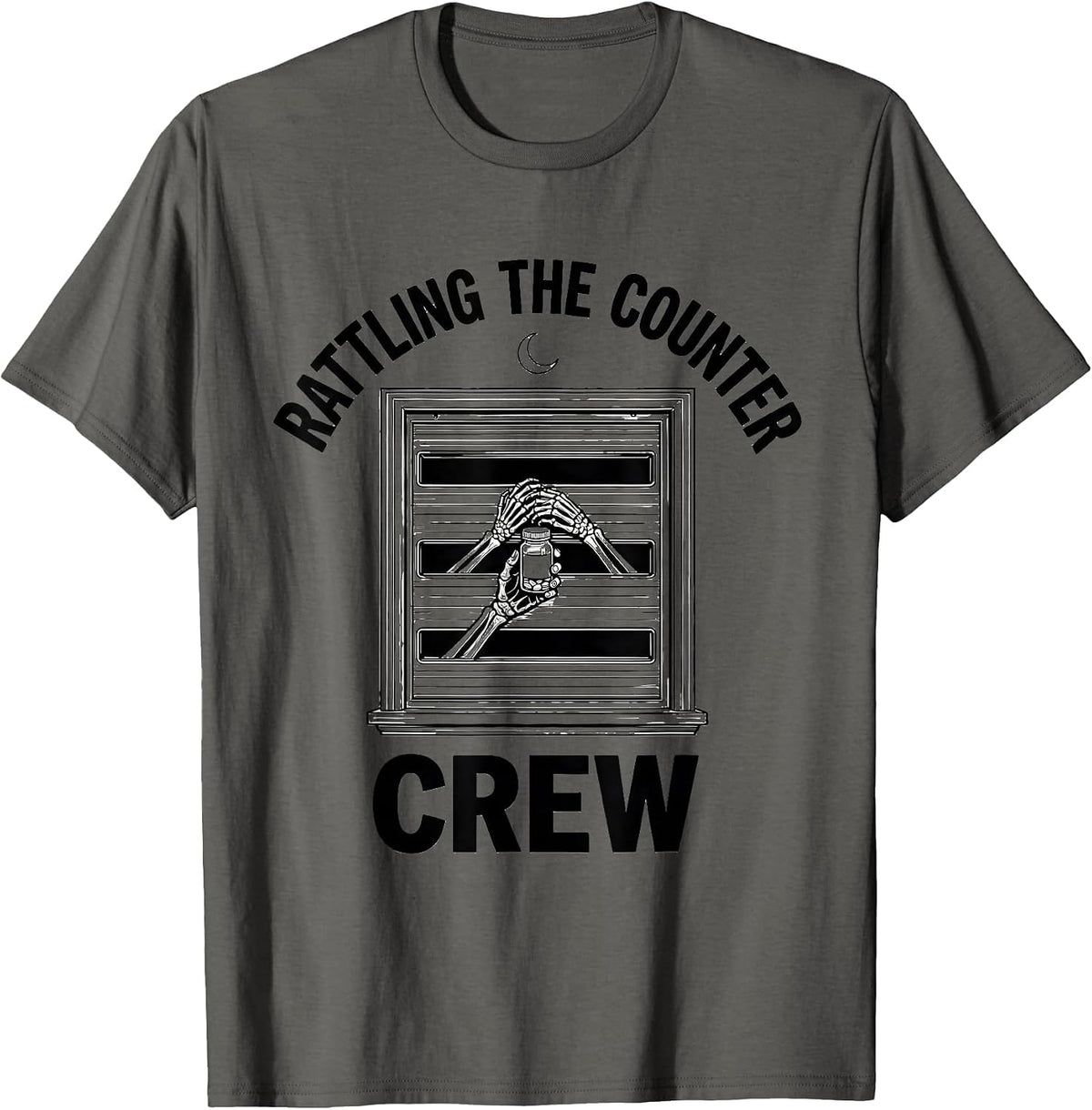 Men's Rattling The Counter Crew Funny Pharmacy Tech Skeleton T-Shirt - Asphalt Grey