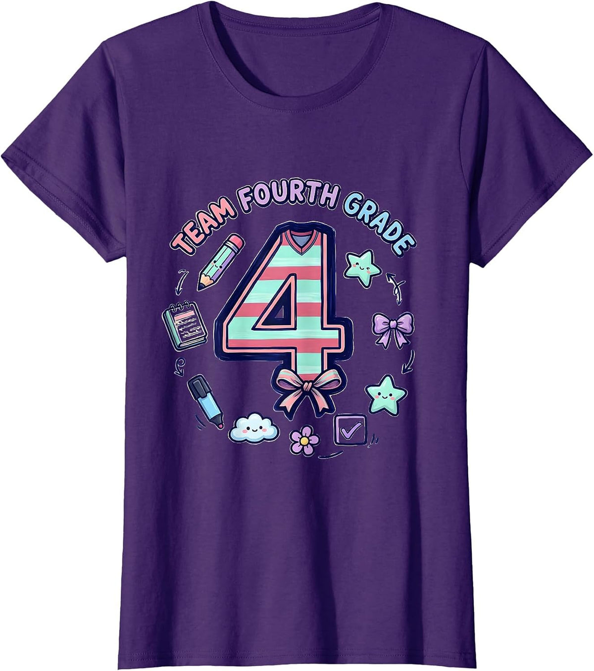Women's Team Fourth Grade Kawaii Doodle Coquette Bow Back To School T-Shirt - Purple