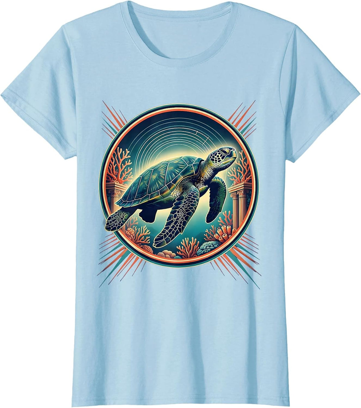 Women's Puerto Rico Sea Turtle Coral Reef Illustration T-Shirt - Baby Blue
