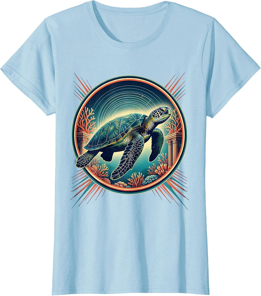 Women's Puerto Rico Sea Turtle Coral Reef Illustration T-Shirt - Baby Blue
