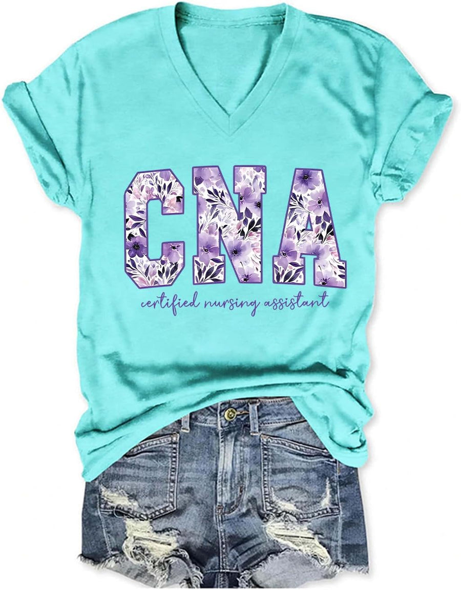 Purple Watercolor Floral CNA Shirt Certified Nursing Assistant Healthcare Worker V-Neck T-Shirt - Blue