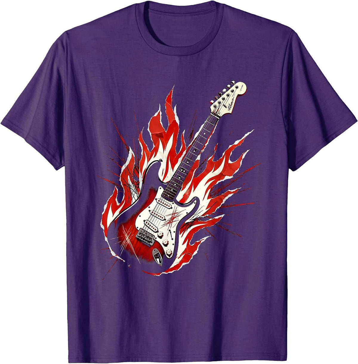 Flaming Electric Guitar Rock Band Graphic T-Shirt - Purple