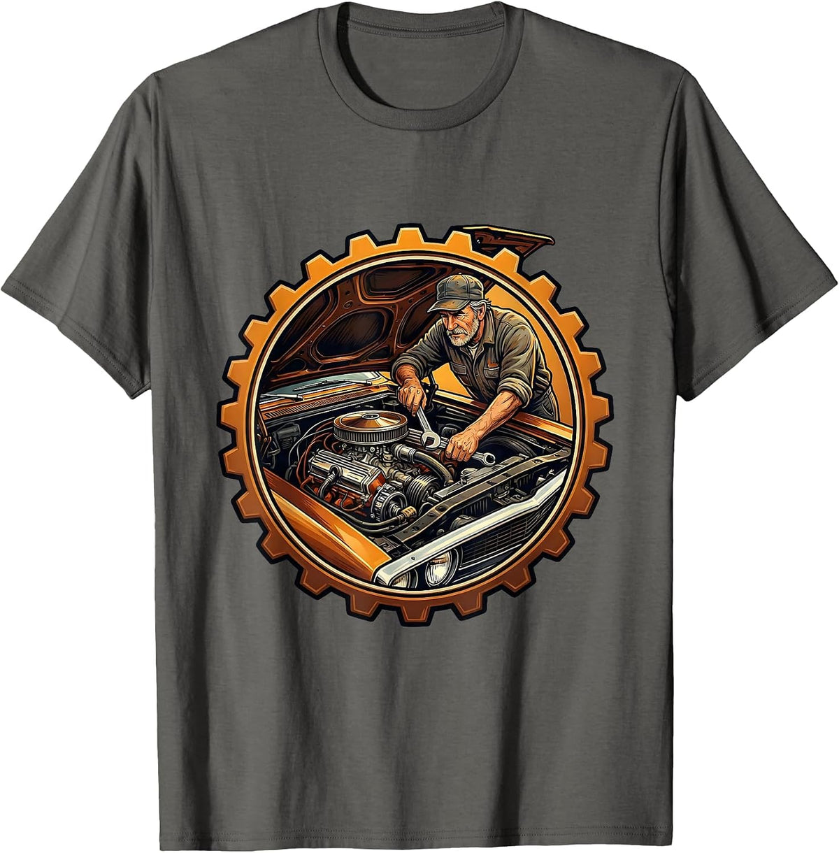 Retired Classic Car Engine Mechanic Graphic Tee T-Shirt - Asphalt Grey