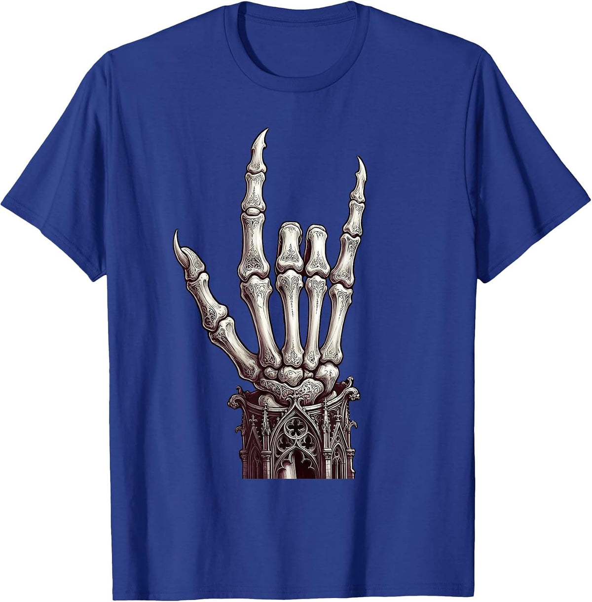 Skeletal Devil Horns Punk Rock Hand Sign T-Shirt - Royal Blue