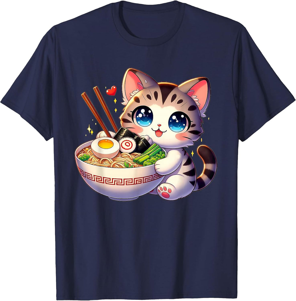 Cat Ramen Noodles Anime Kawaii Japanese Cat T-Shirt - Navy Blue