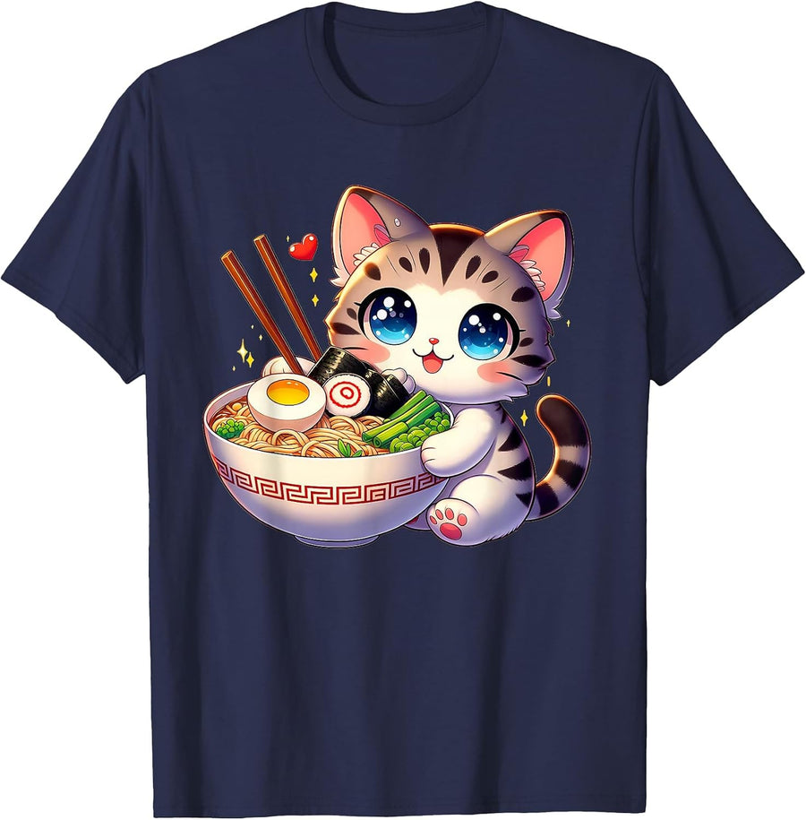 Cat Ramen Noodles Anime Kawaii Japanese Cat T-Shirt - Navy Blue