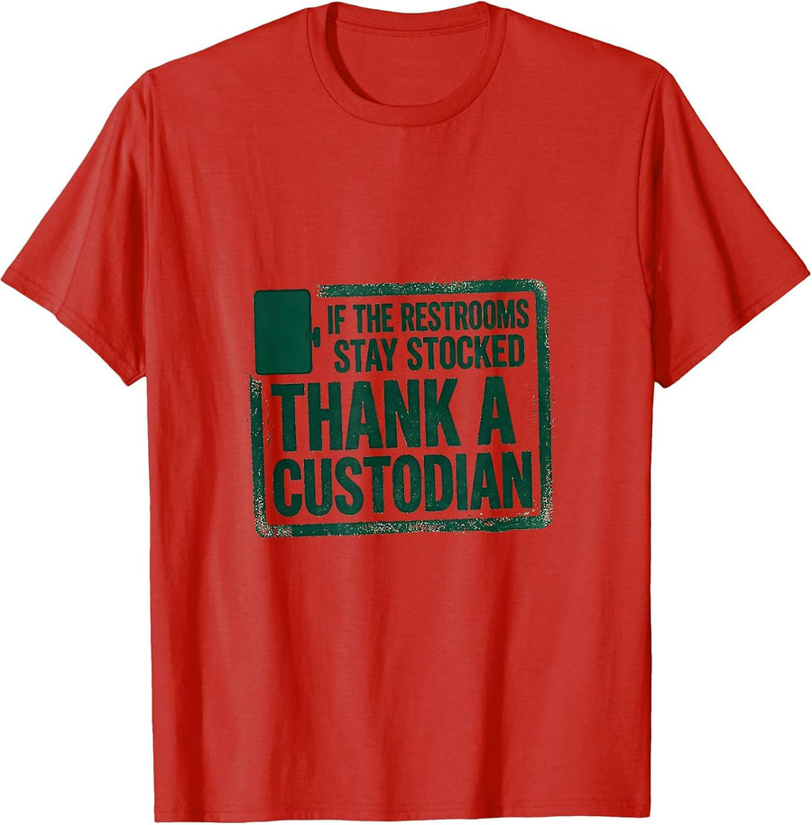 Men's If The Restrooms Stay Stocked Thank A Custodian Rubber Stamp T-Shirt - Red