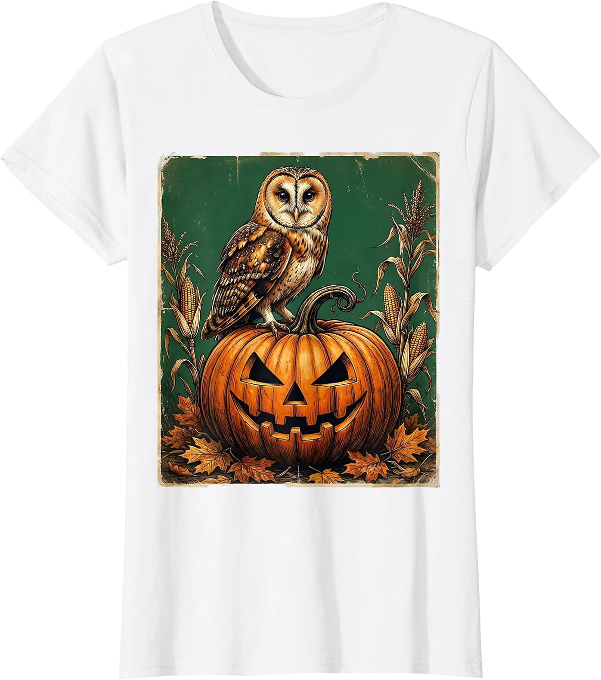 Women's Owl on Glowing Pumpkin Halloween Illustration T-Shirt - White